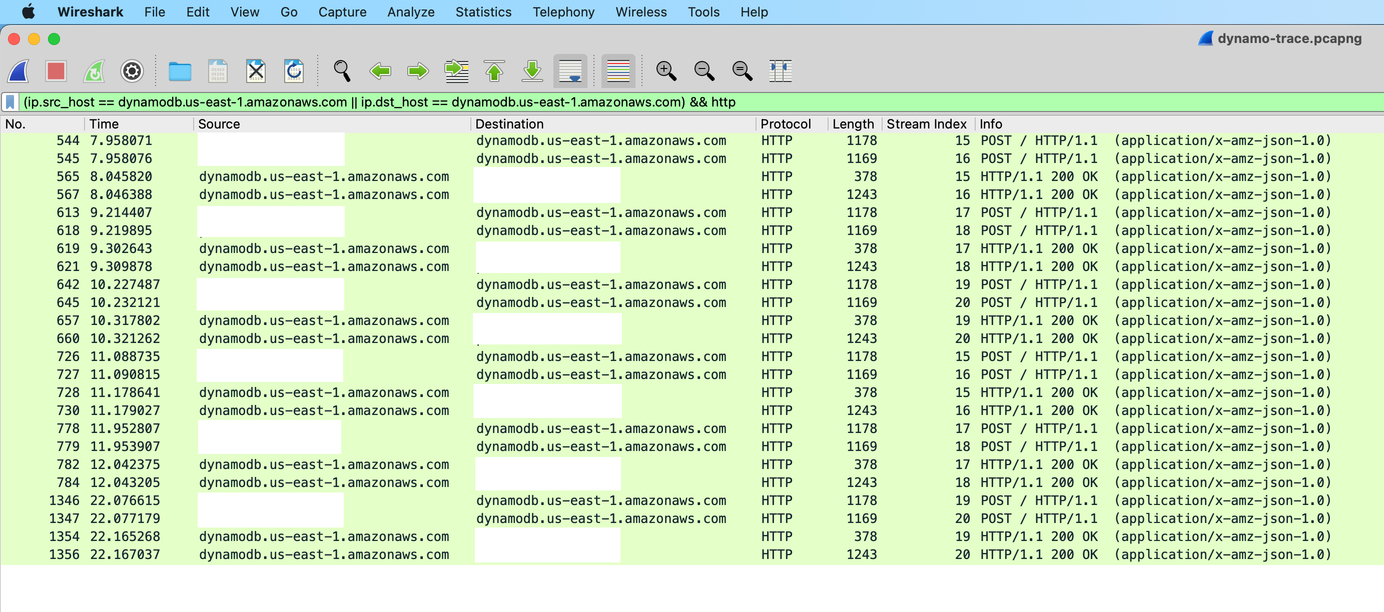 Wireshark capture of HTTP traffic to
DynamoDB