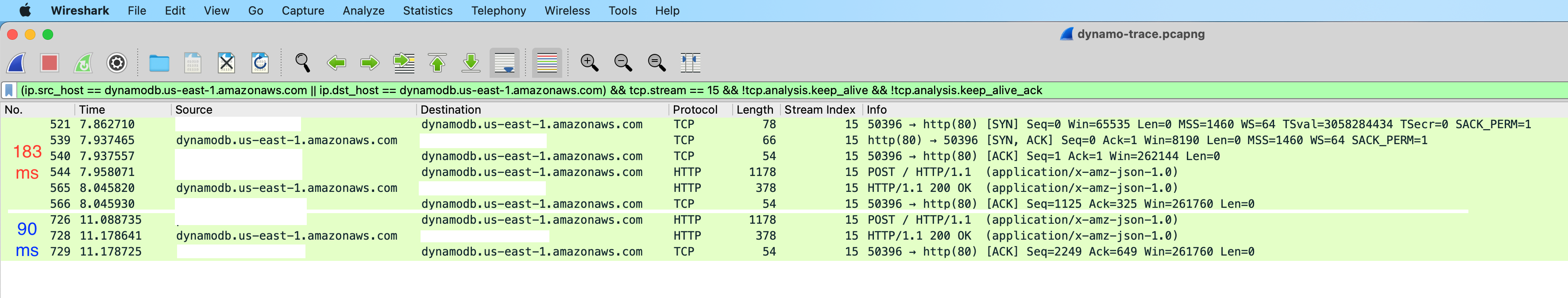 Wireshark capture of a TCP connection with
DynamoDB